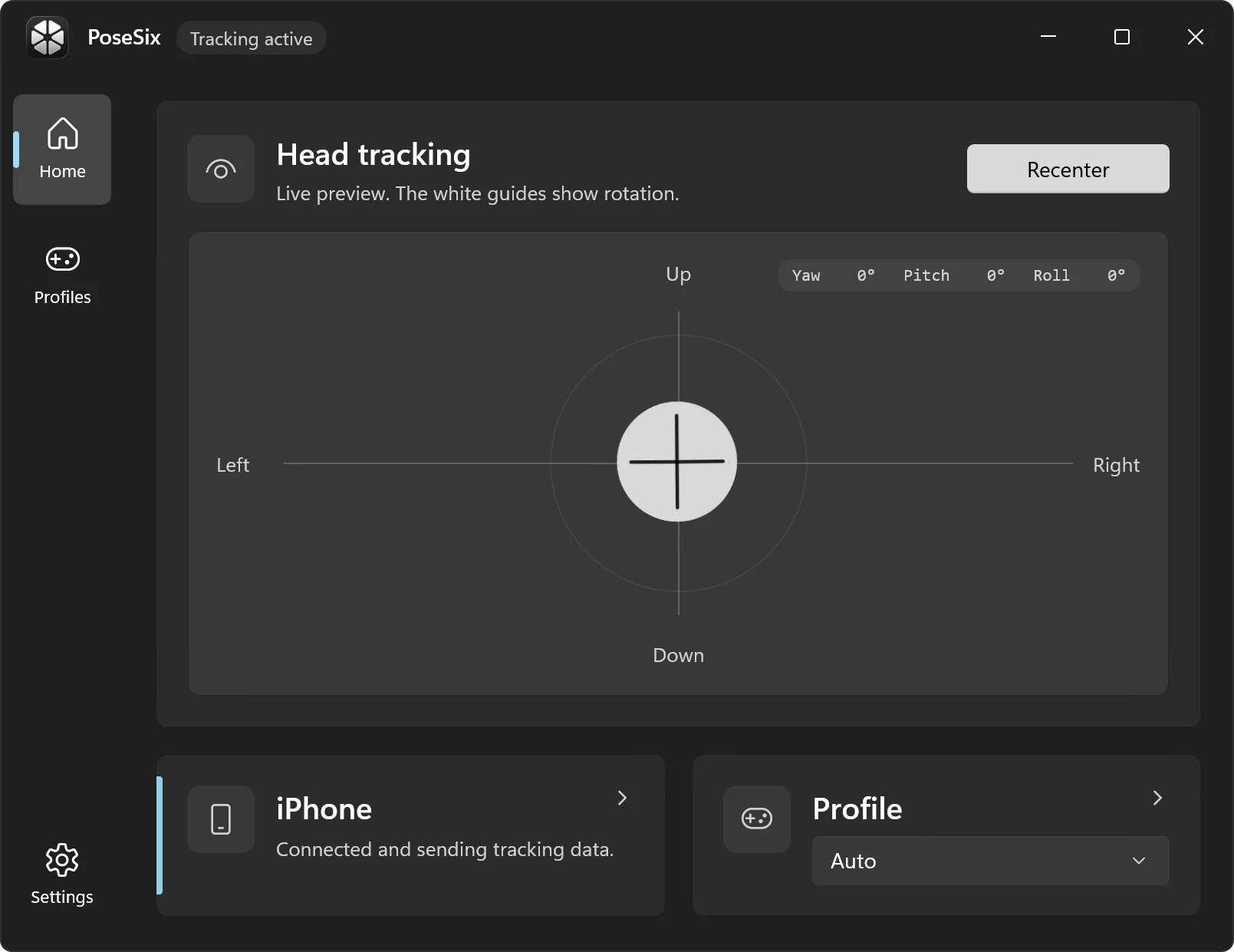 PoseSix on Windows showing live head tracking, Recenter, connected iPhone, and profile controls